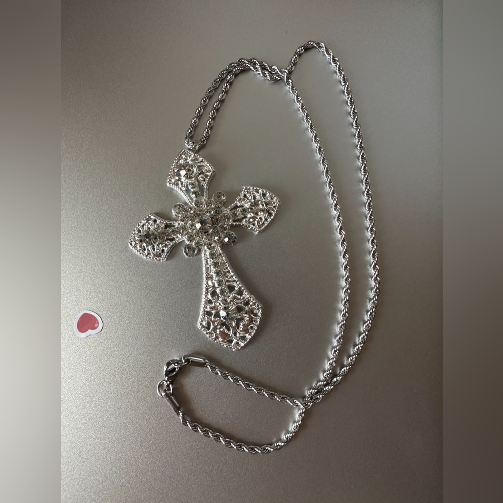 Gothic Cross Necklace Crystal Cross Choker Silver Tone Stainless Steel Chain